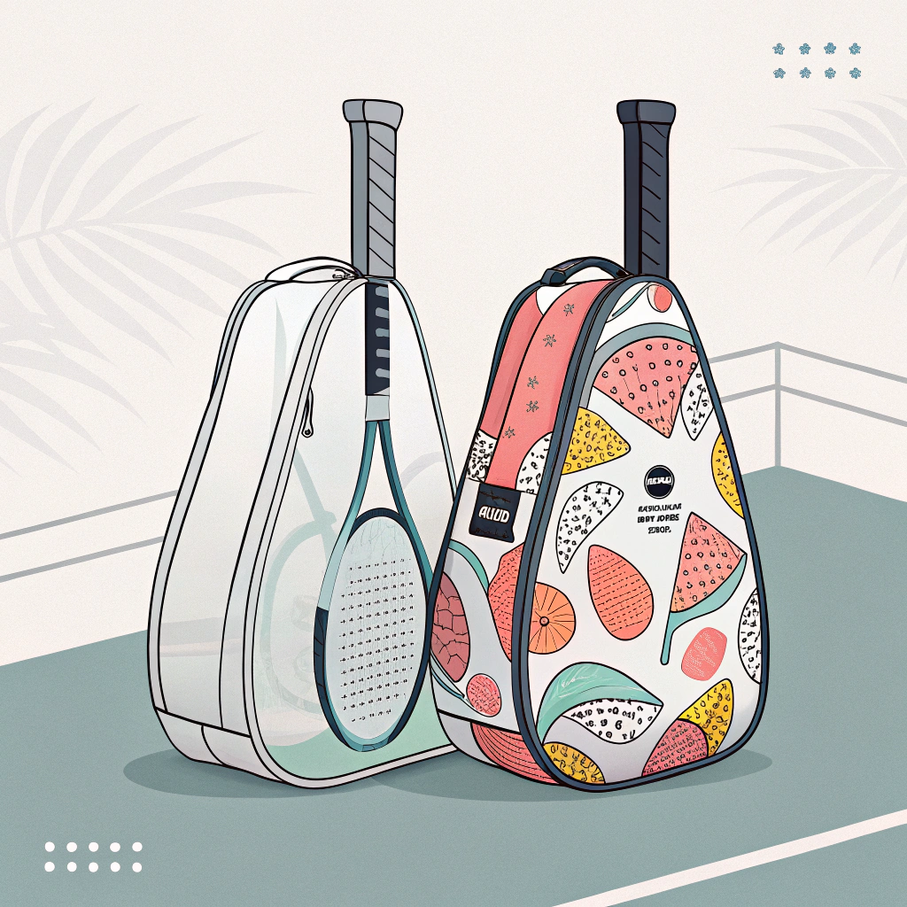A minimalist flat illustration showcasing transparent and printed padel racket bags side-by-side.