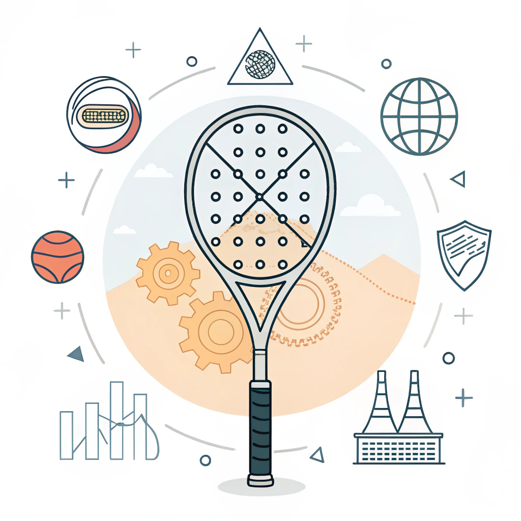 Minimalistic illustration of a futuristic padel racket with abstract tech and industrial elements.