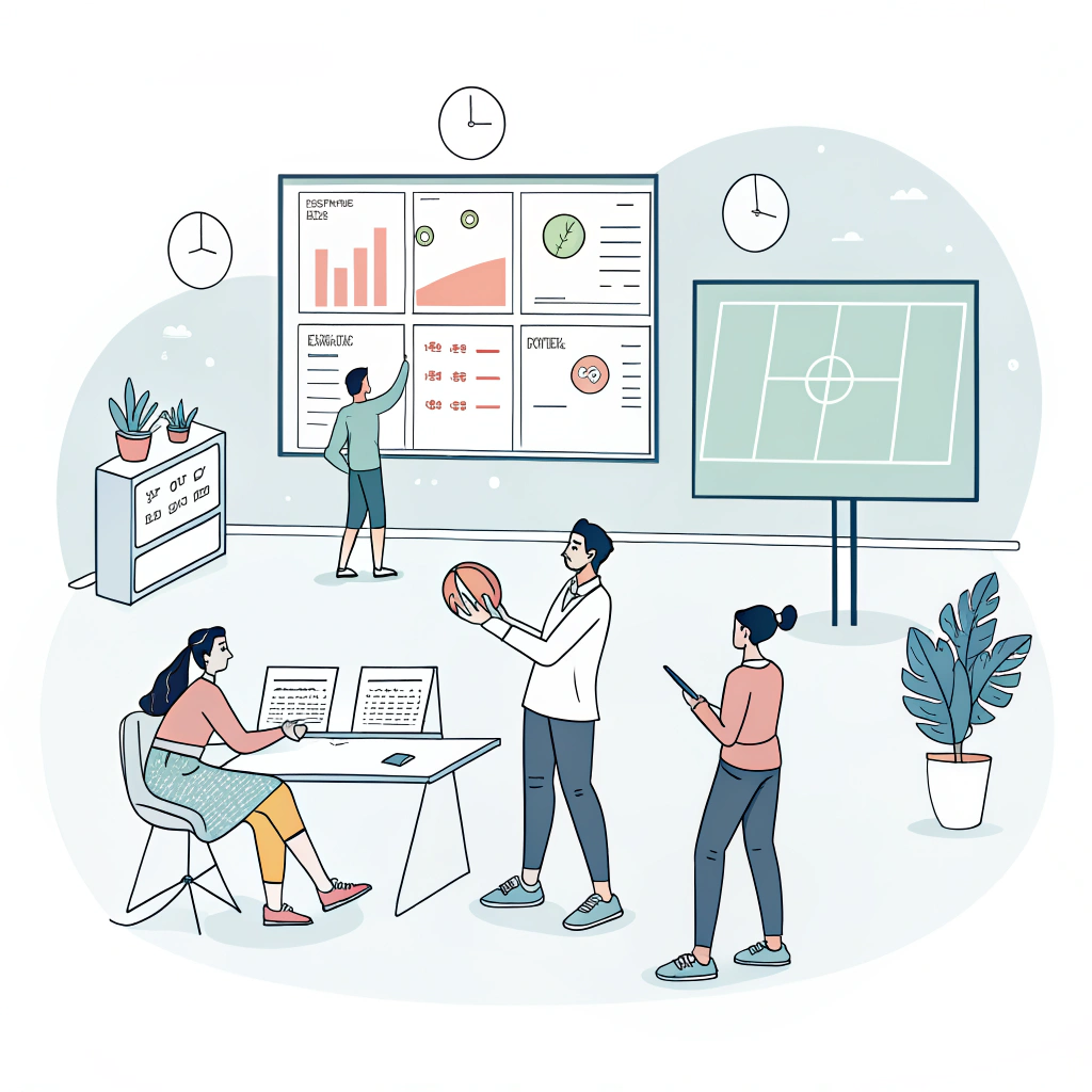 Minimalist 2D padel club staff training illustration showcasing best practices and digital integration.