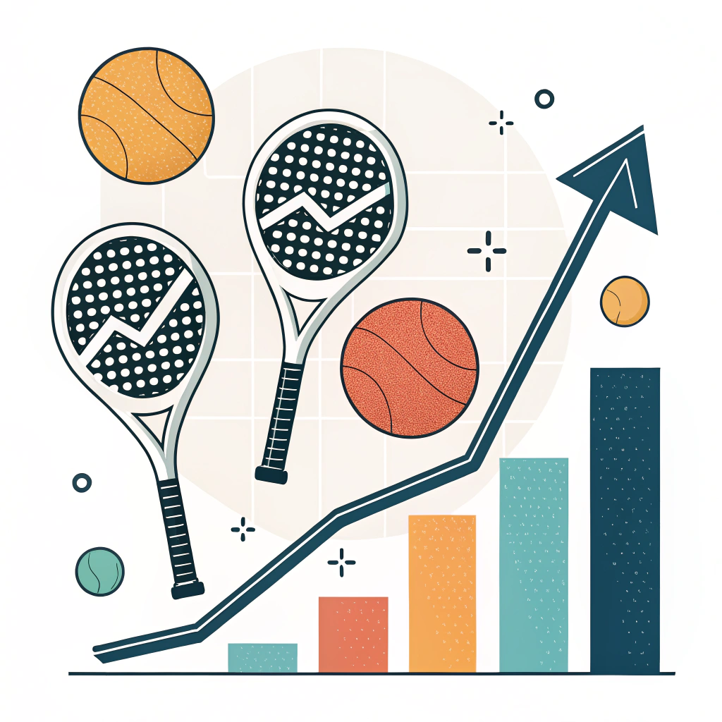 Minimalist, flat design illustration of padel rackets and abstract growth symbols in vibrant colors