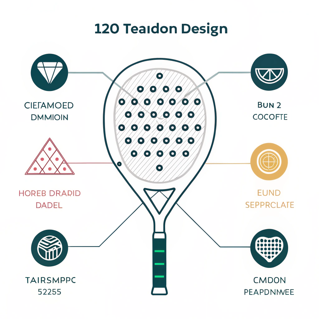 Minimalist 2D illustration of a padel racket showcasing diverse customizable design elements.