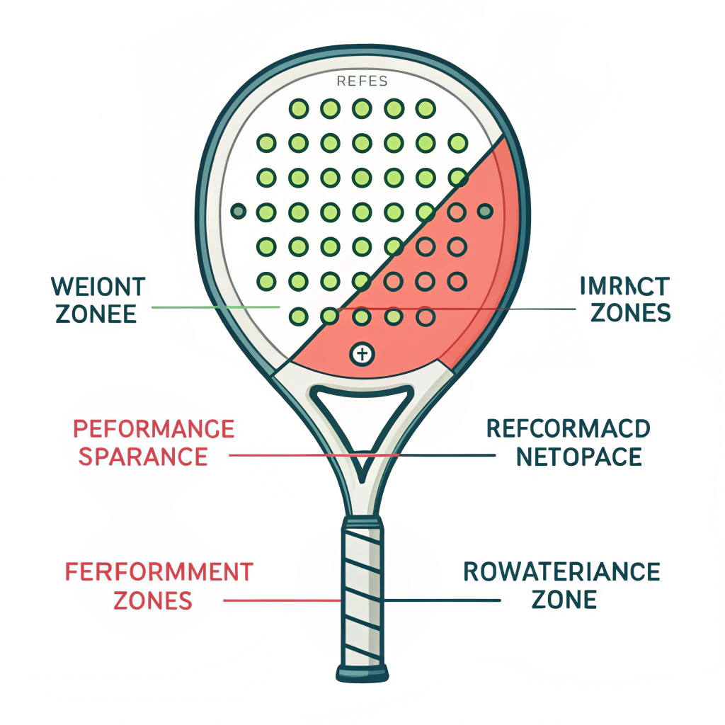 Minimalistic illustration of a padel racket highlighting performance and durability features