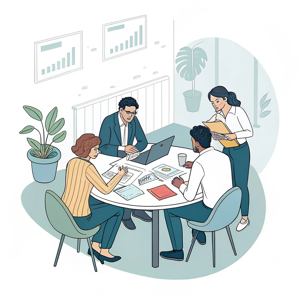 Minimal flat illustration of professionals in a meeting reviewing post-audit reports.