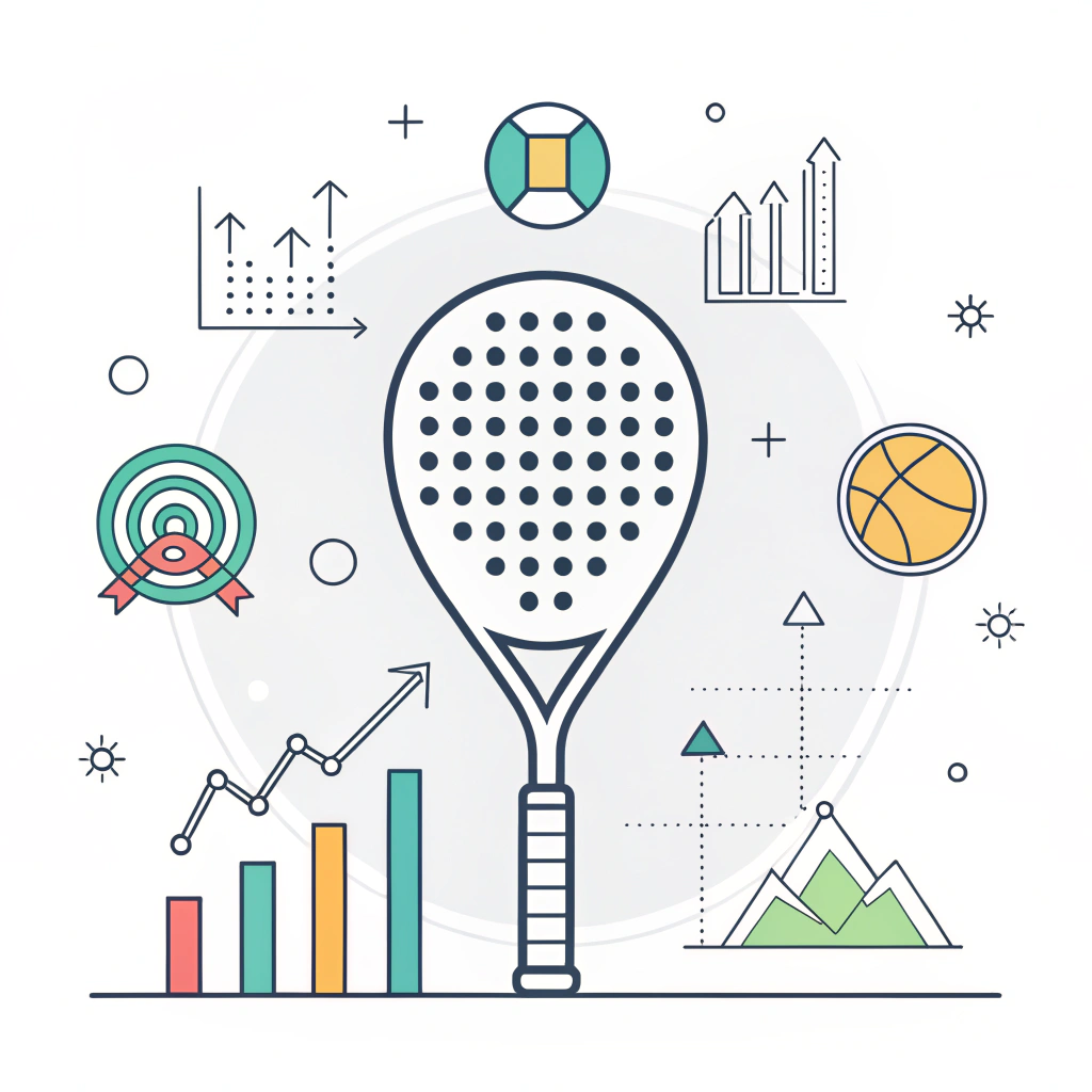 Minimalist illustration of a padel racket with abstract digital charts and icons representing strategic marketing.