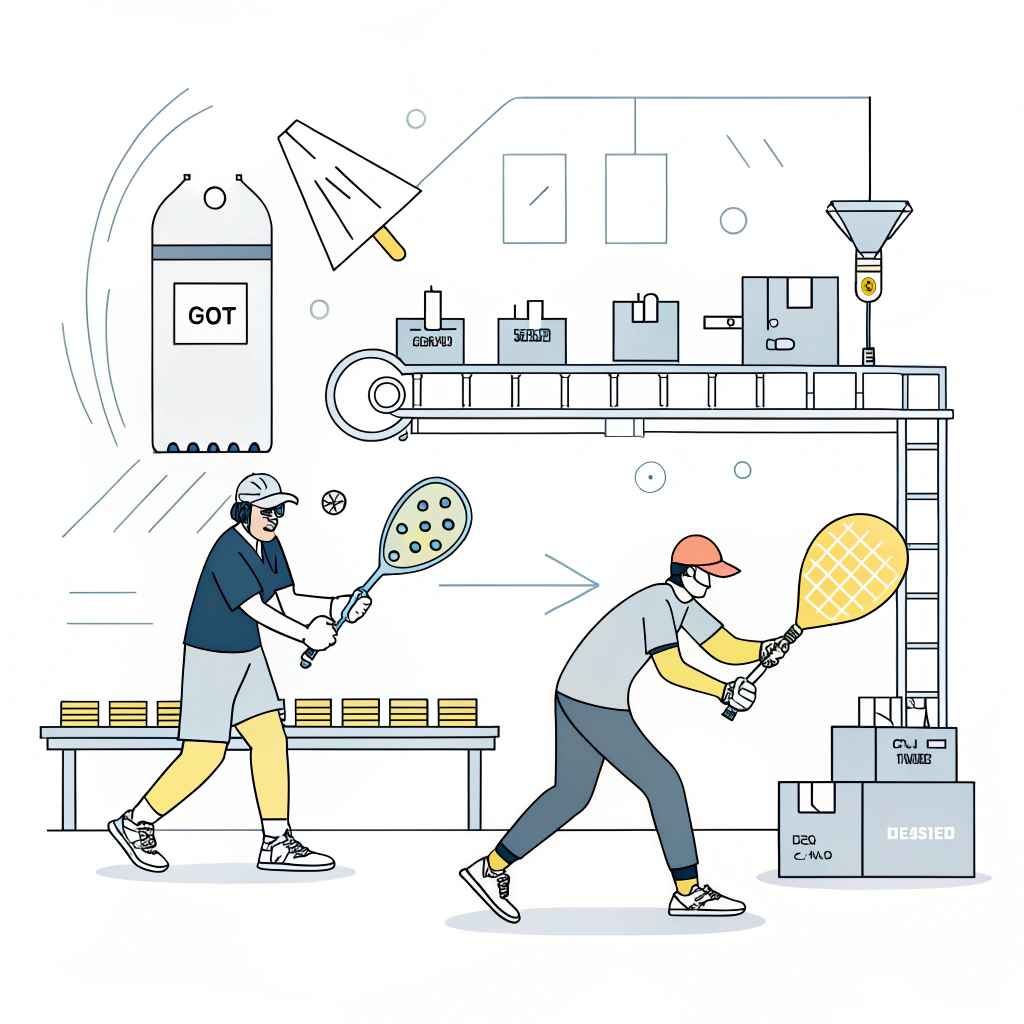 "Minimalist illustration of a custom paddle production line with efficient design elements"