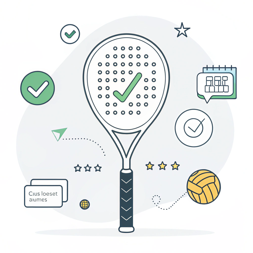 Minimal flat illustration of a padel racket with clear authenticity and quality assurance details