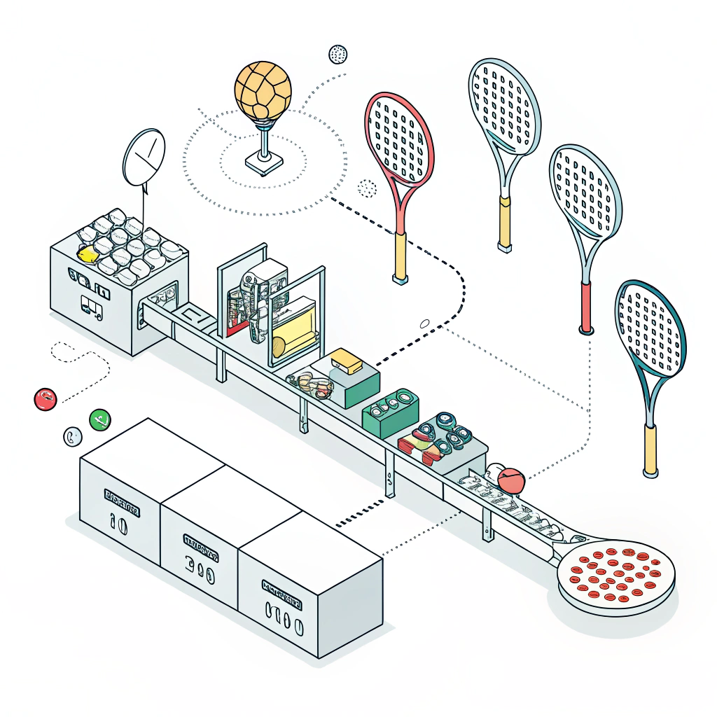 "Flat minimalist illustration of a customizable padel racket production line."