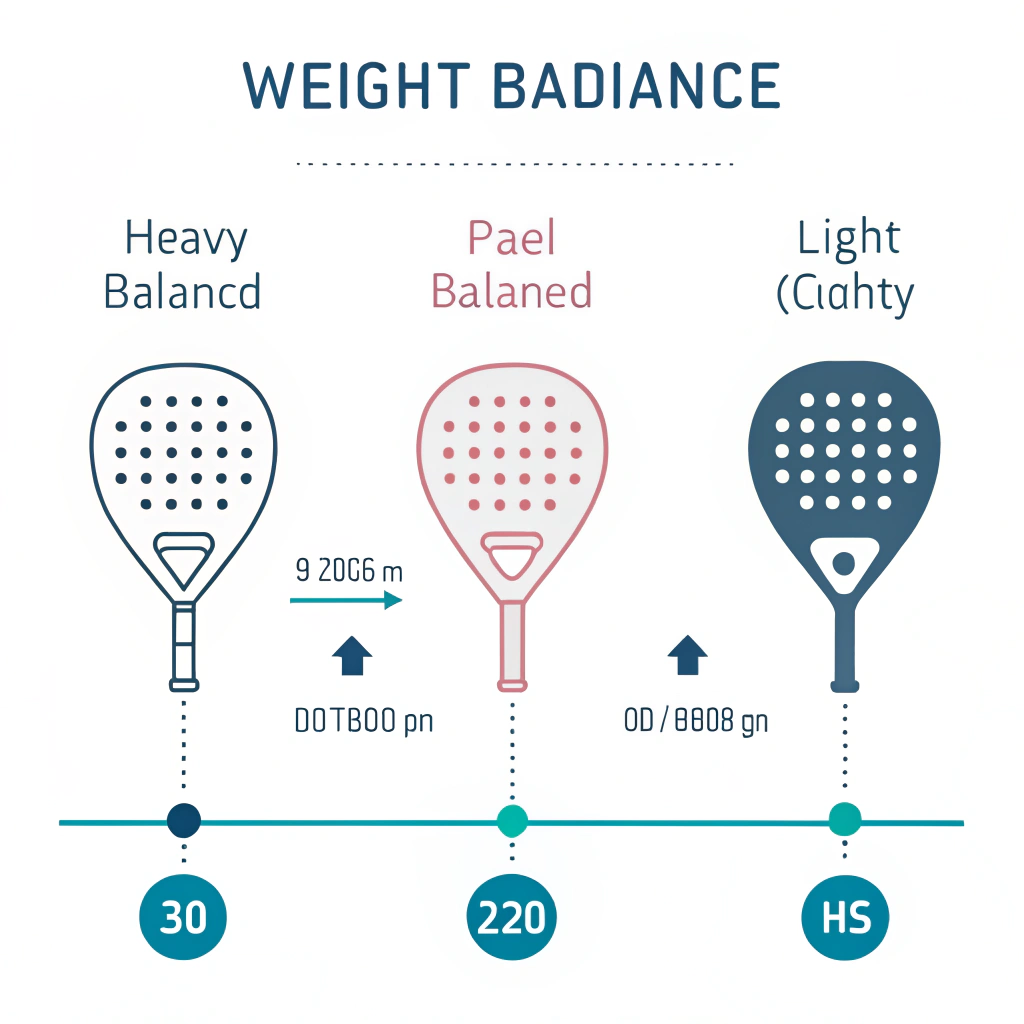 Minimal diagram of three weight distribution styles in padel rackets using simple icons.