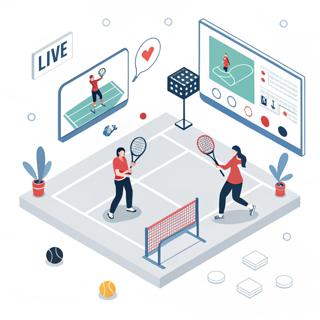 Clean illustration of a live padel streaming session with interactive figures and digital elements.