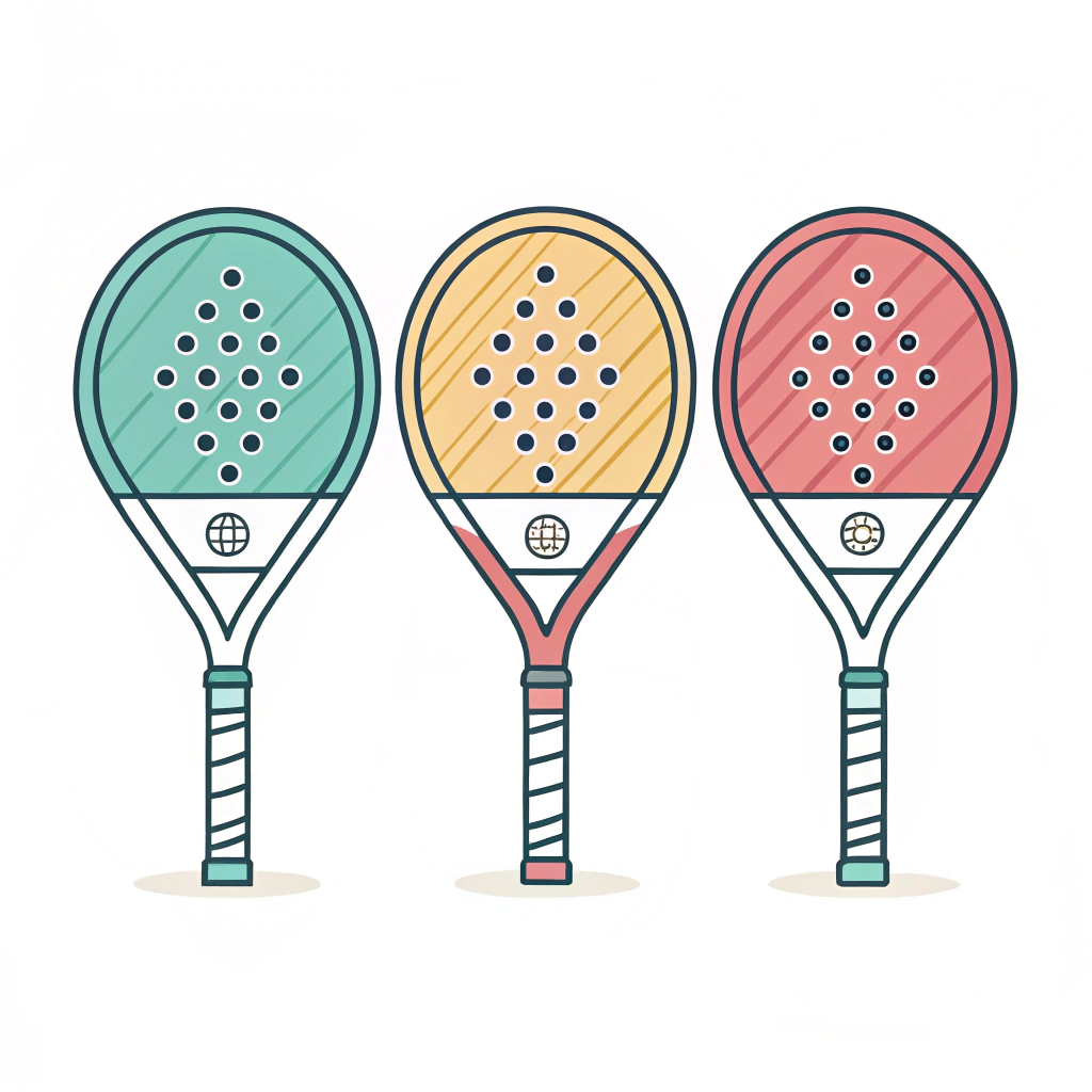 Minimalistic illustration featuring three uniquely shaped, modern padel rackets