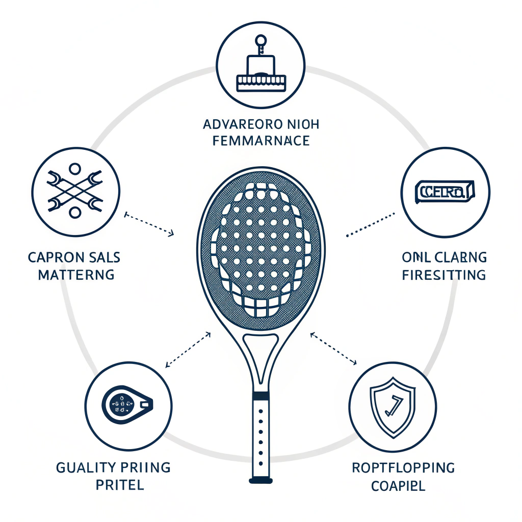 Minimalist 2D illustration showcasing a padel racket production process with advanced technology and quality control elements.