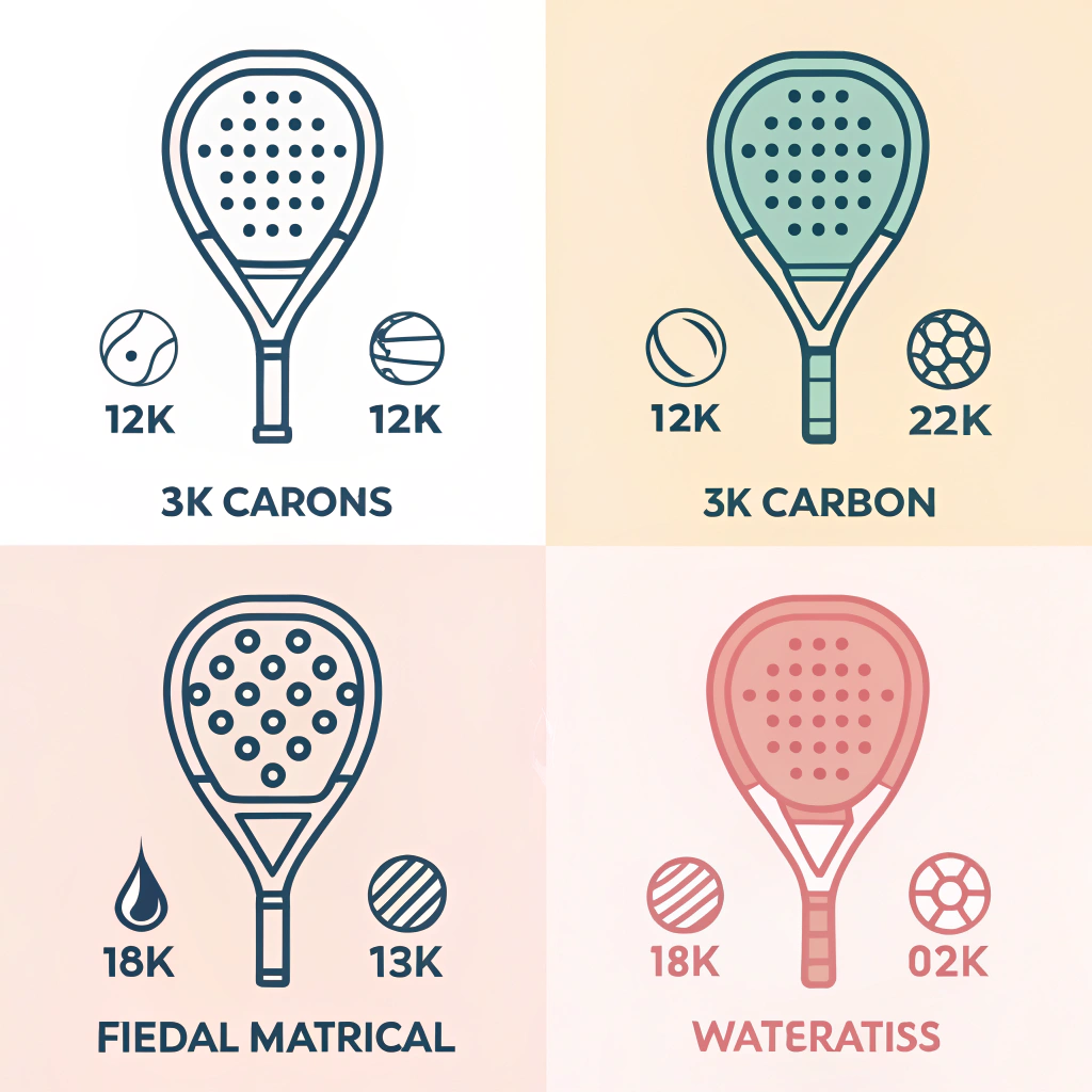 Minimalist flat illustration comparing four padel racket materials visually.