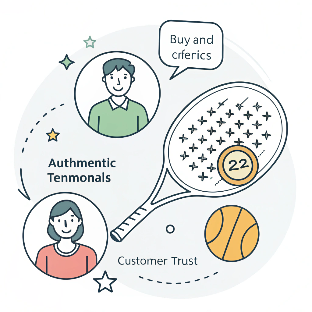 Minimal 2D illustration of padel elements with testimonial icons and abstract human figures.