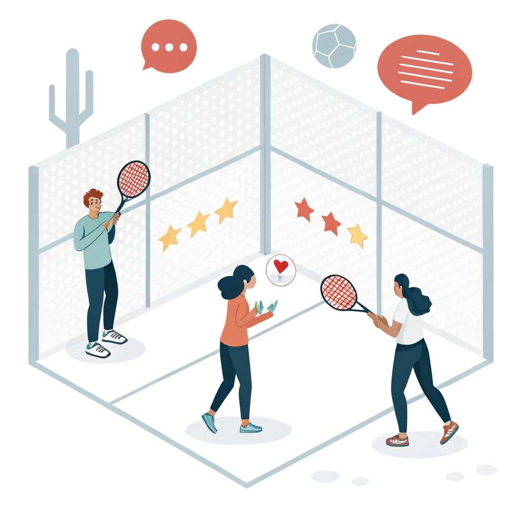 Simple 2D padel illustration showing influencers and social media engagement cues