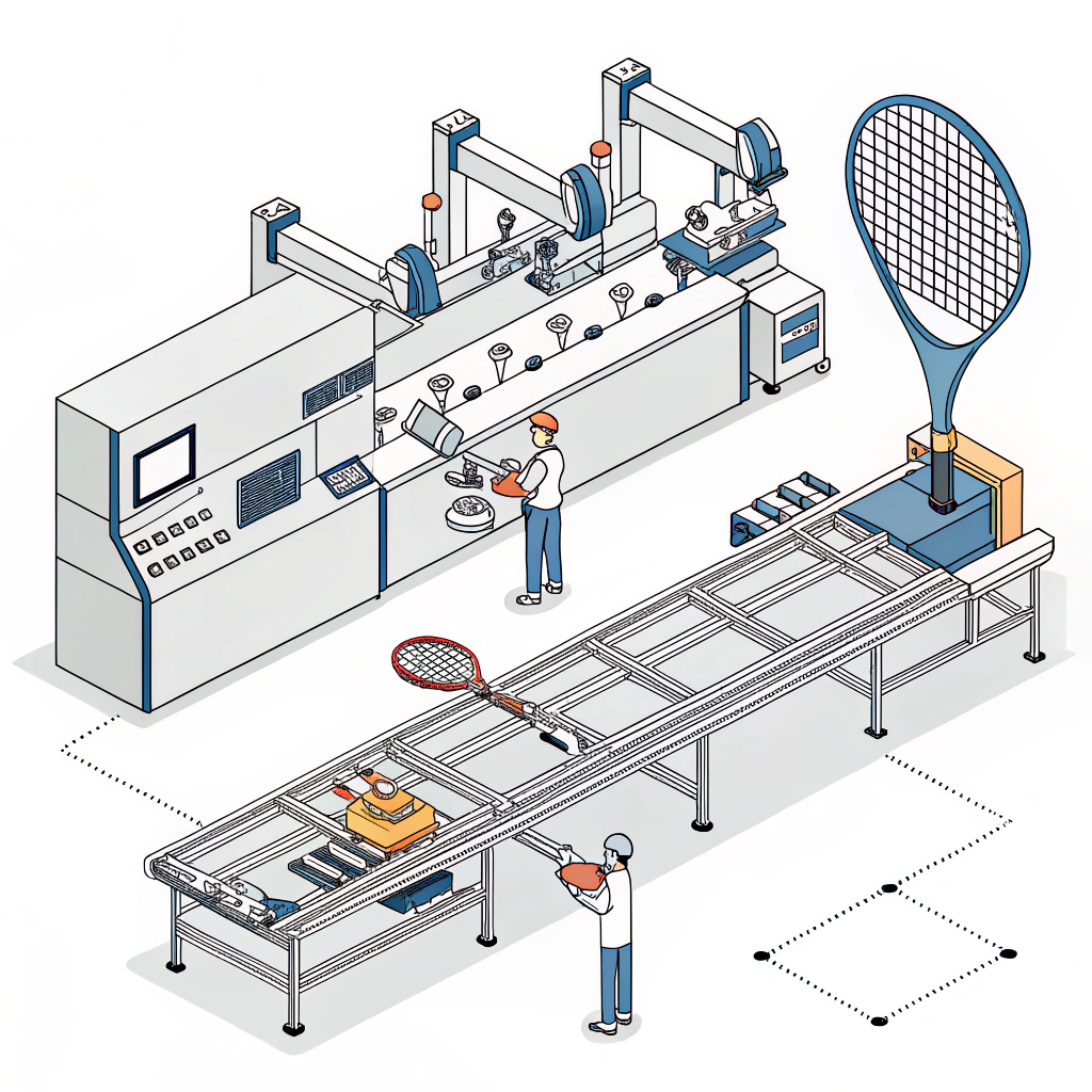 minimal flat illustration of a high-tech padel racket production line