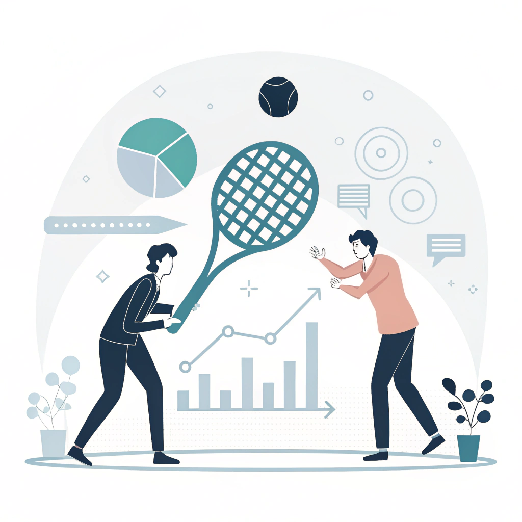 Minimal 2D illustration of business figures negotiating over a stylized padel racket.