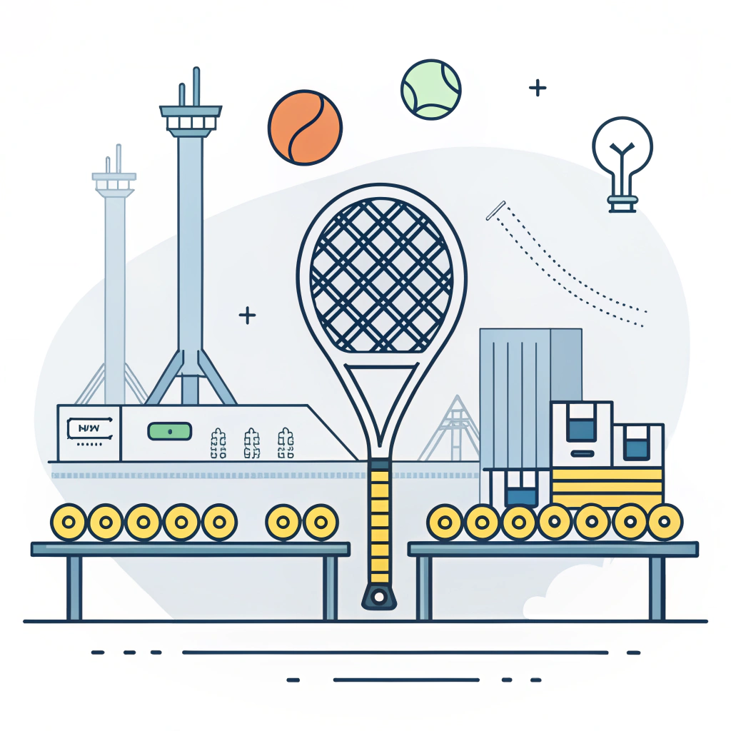 Minimal flat illustration of a padel racket production process with abstract factory elements