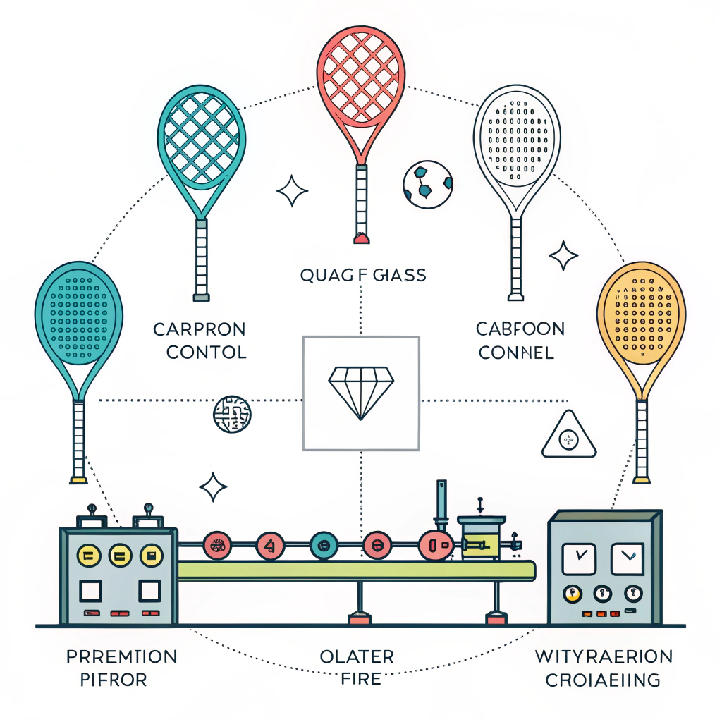 Minimal flat design illustration of a modern padel racket production process.