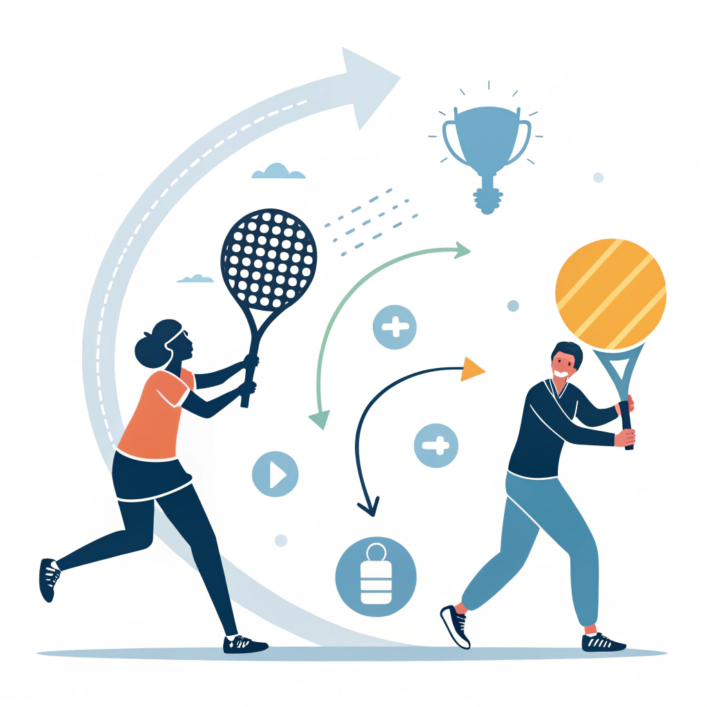 Minimal 2D art depicting padel transformation and innovation in sports equipment.