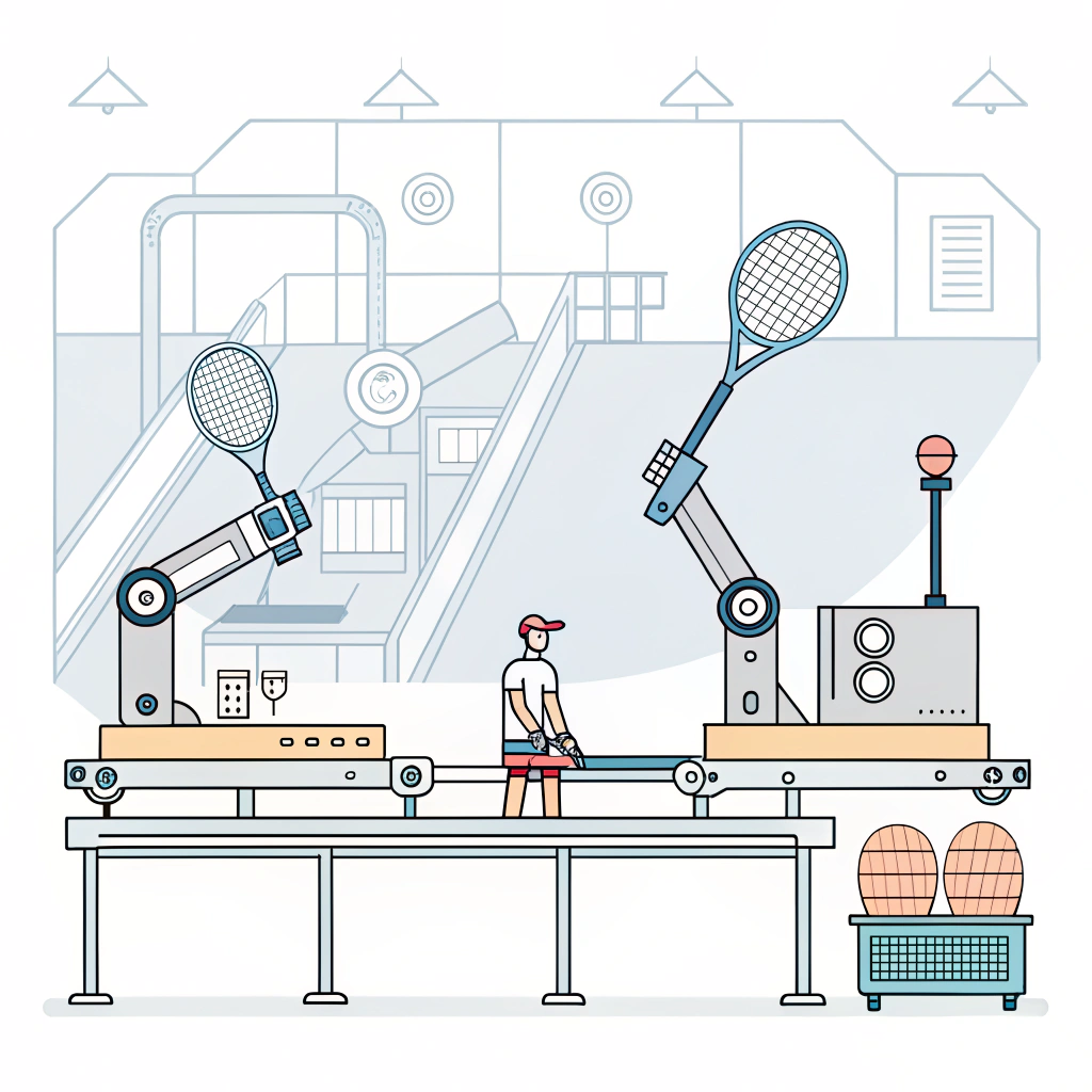 Minimal 2D illustration of a modern padel manufacturing process with quality control