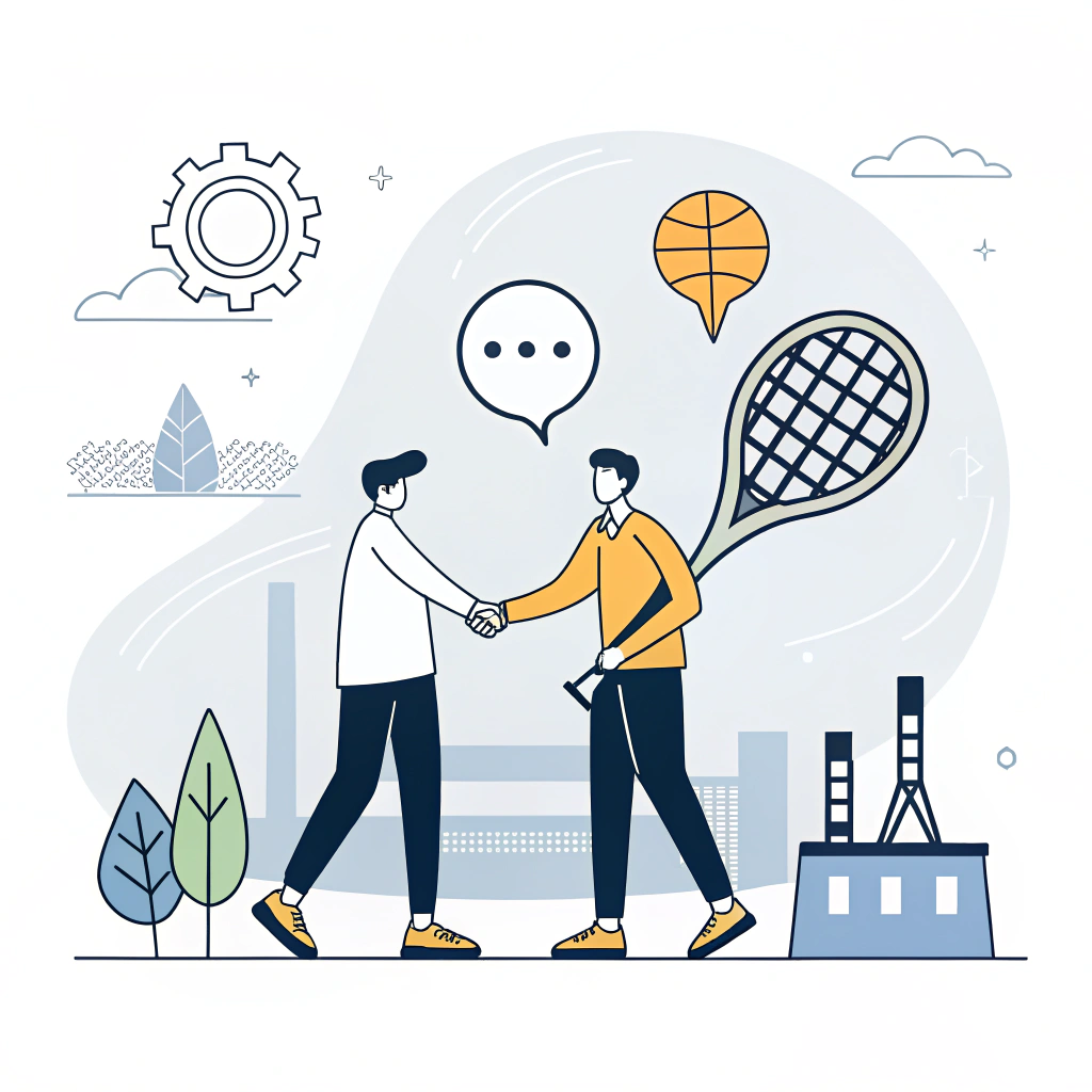 Minimalistic 2D illustration showing partnership and collaboration in padel manufacturing