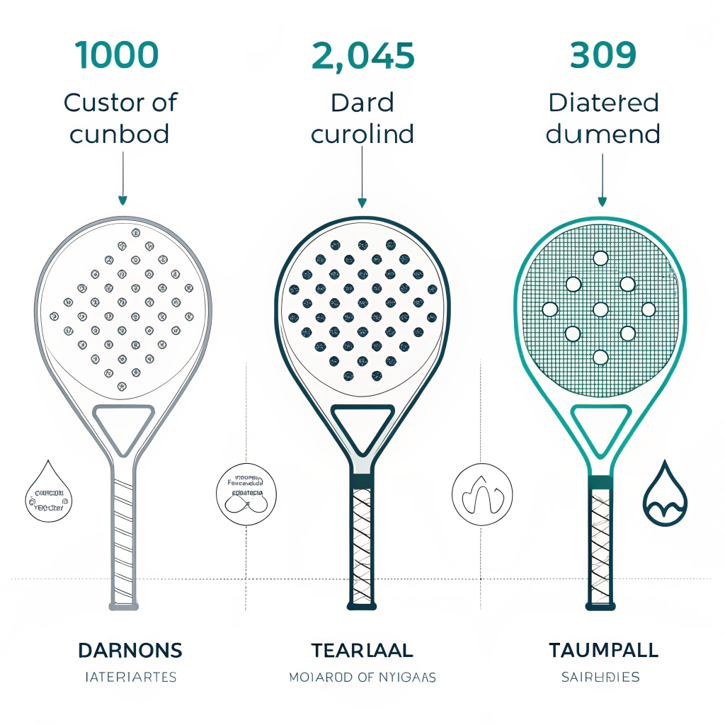 Minimalist illustration depicting diverse padel racket shapes in a streamlined production environment