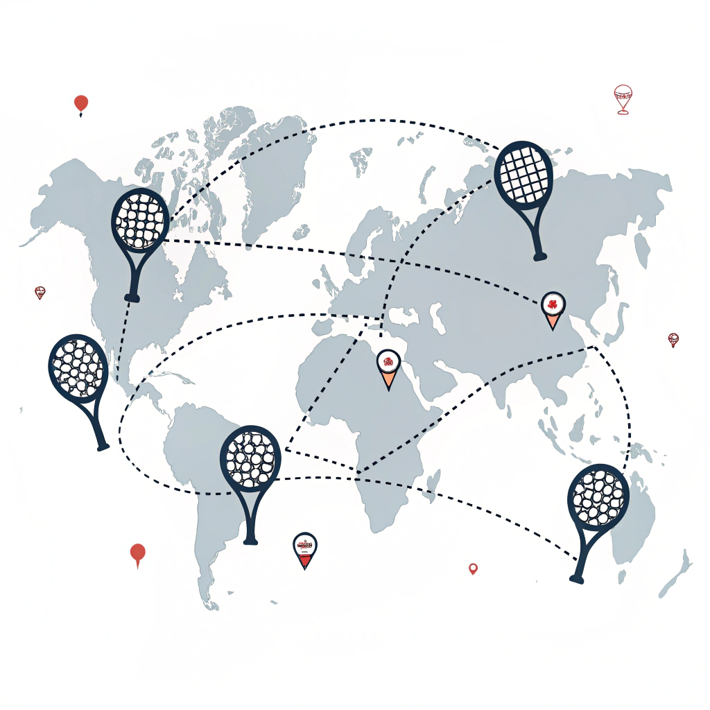 Minimalist 2D artwork of a world map with padel rackets and supply chain connections