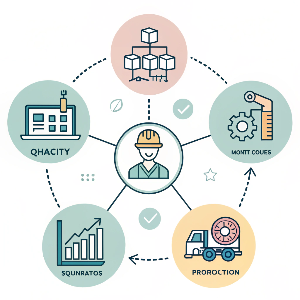Minimal illustration of interconnected icons showing data analytics for padel racket manufacturing.