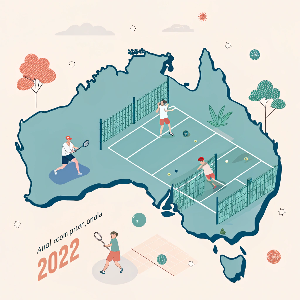 Minimal illustration of Australia with padel court elements illustrating market expansion.