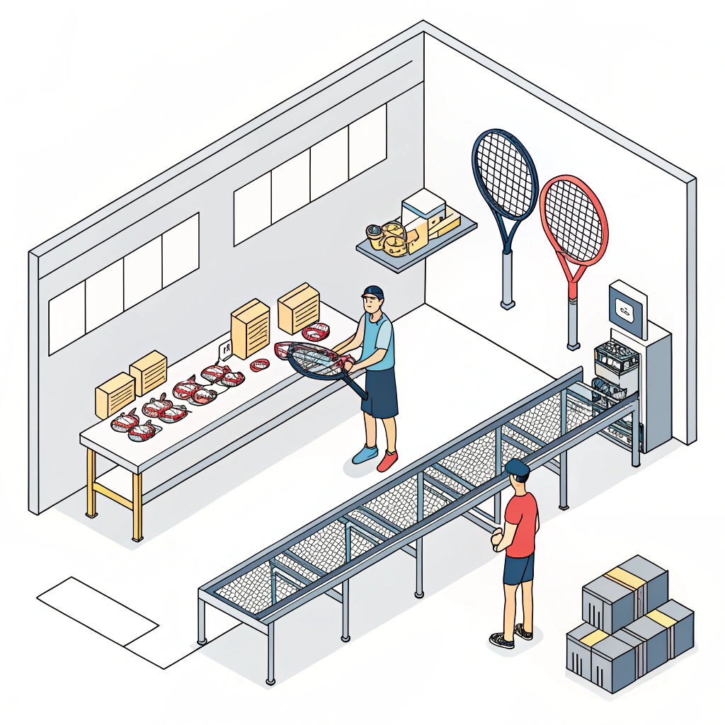 A stylish 2D illustration of a teardrop padel racket production line in a modern, minimal factory setting.