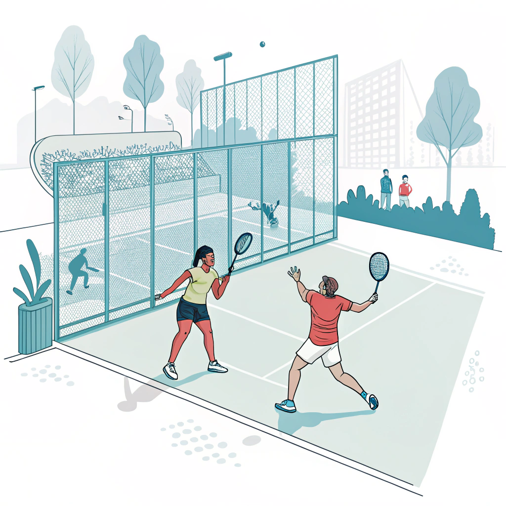 Minimal 2D illustration of dynamic padel players on a European court
