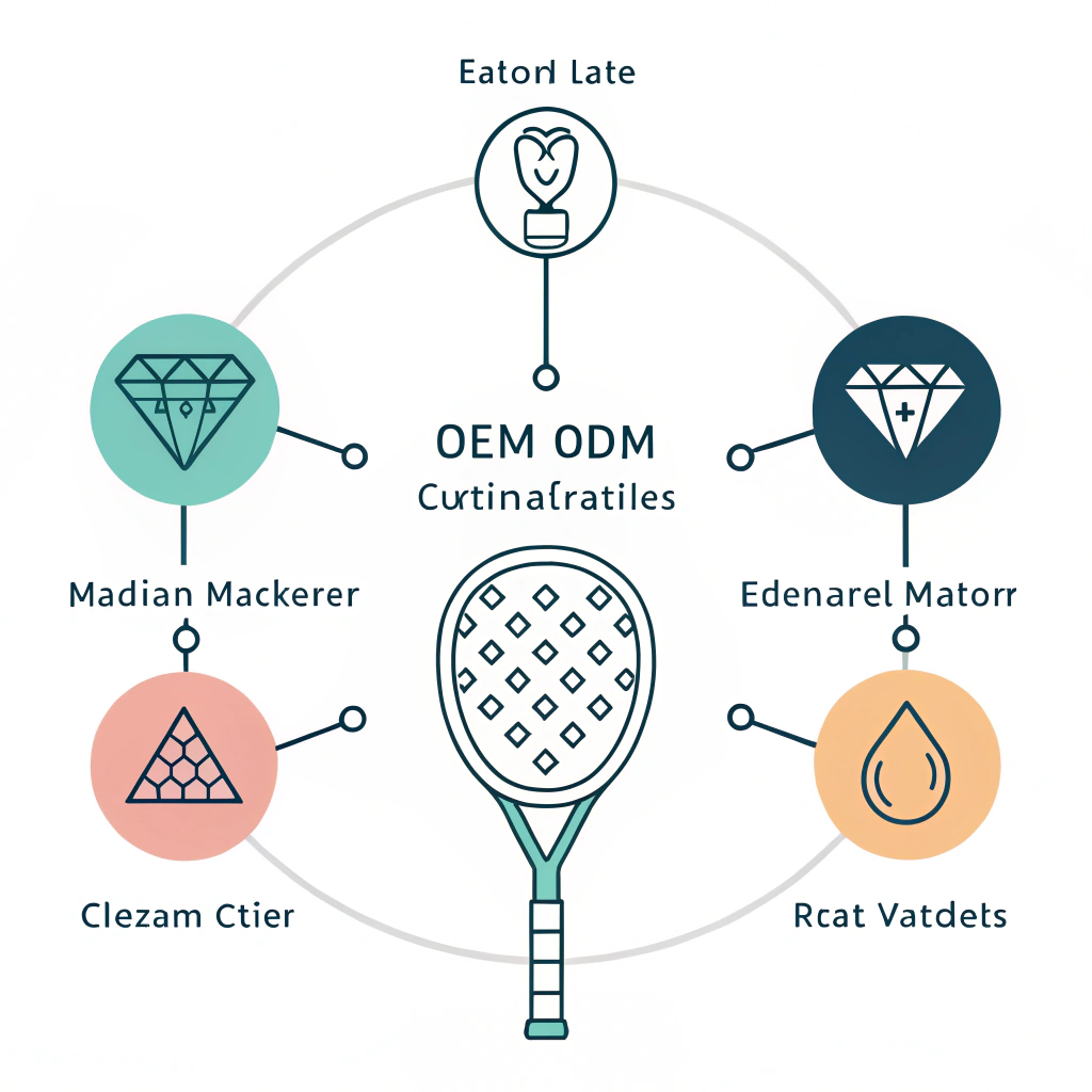Clean flat illustration of padel racket customization process with simple icons.