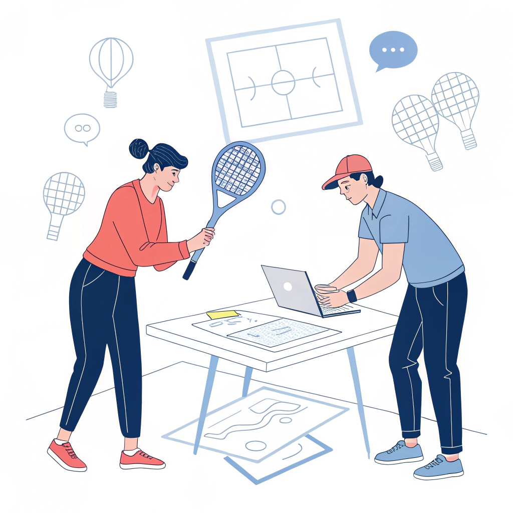 Minimal 2D illustration of a team collaborating on custom padel racket designs and prototypes.
