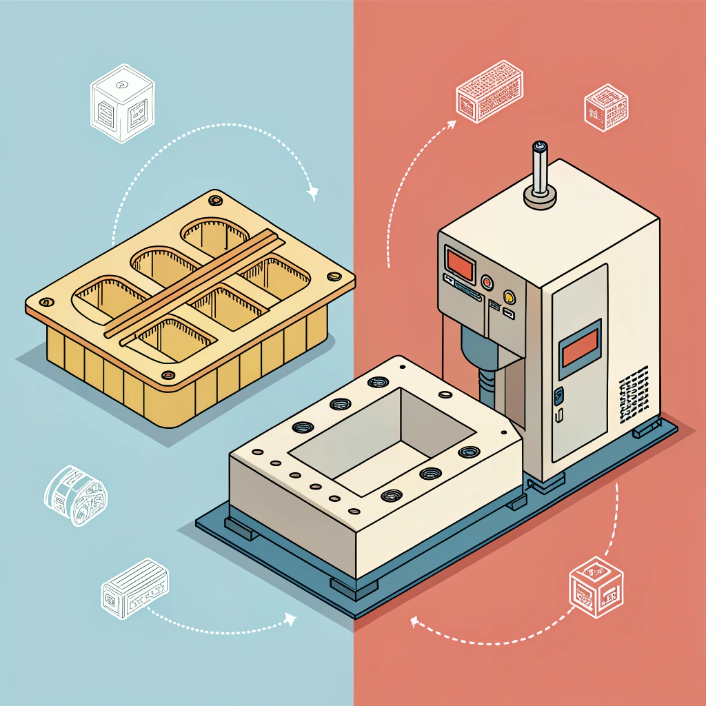 Minimal vector illustration contrasting traditional and advanced molding technologies