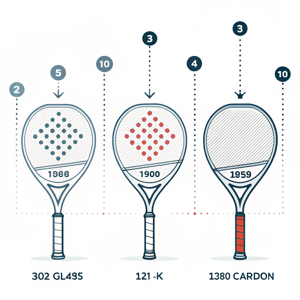 Minimal 2D illustration showing progression of padel rackets from fiberglass to advanced carbon fiber types