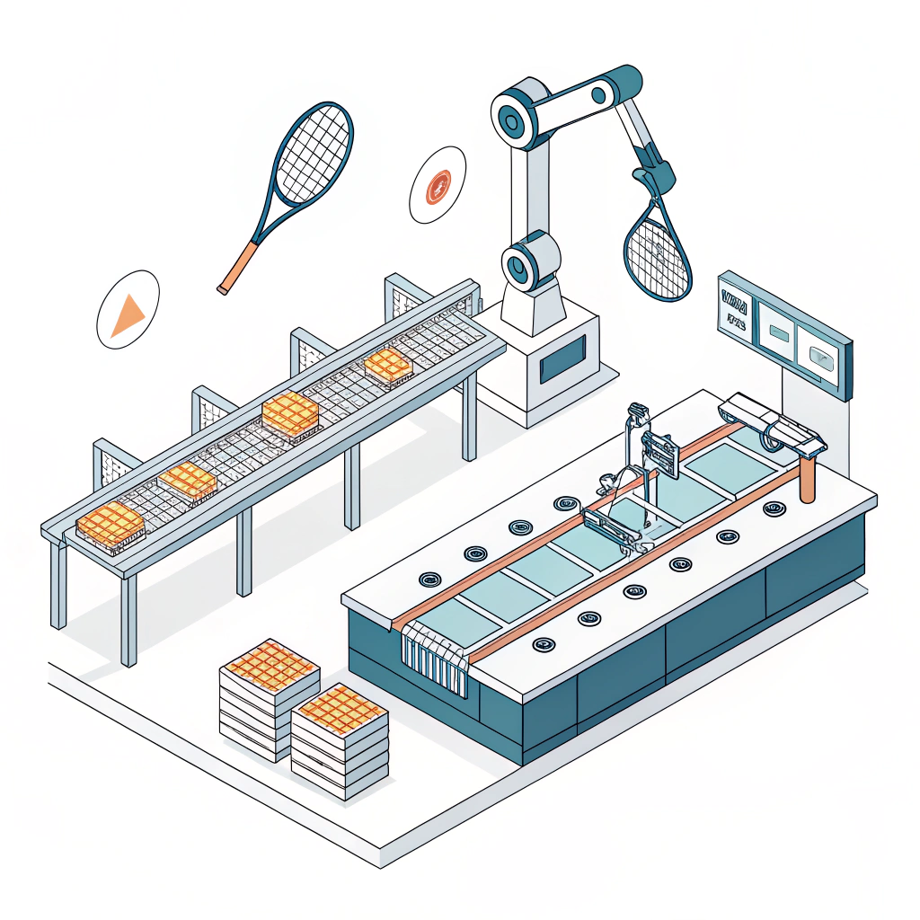 Minimalist flat design of a modern padel racket production facility with abstract machinery elements