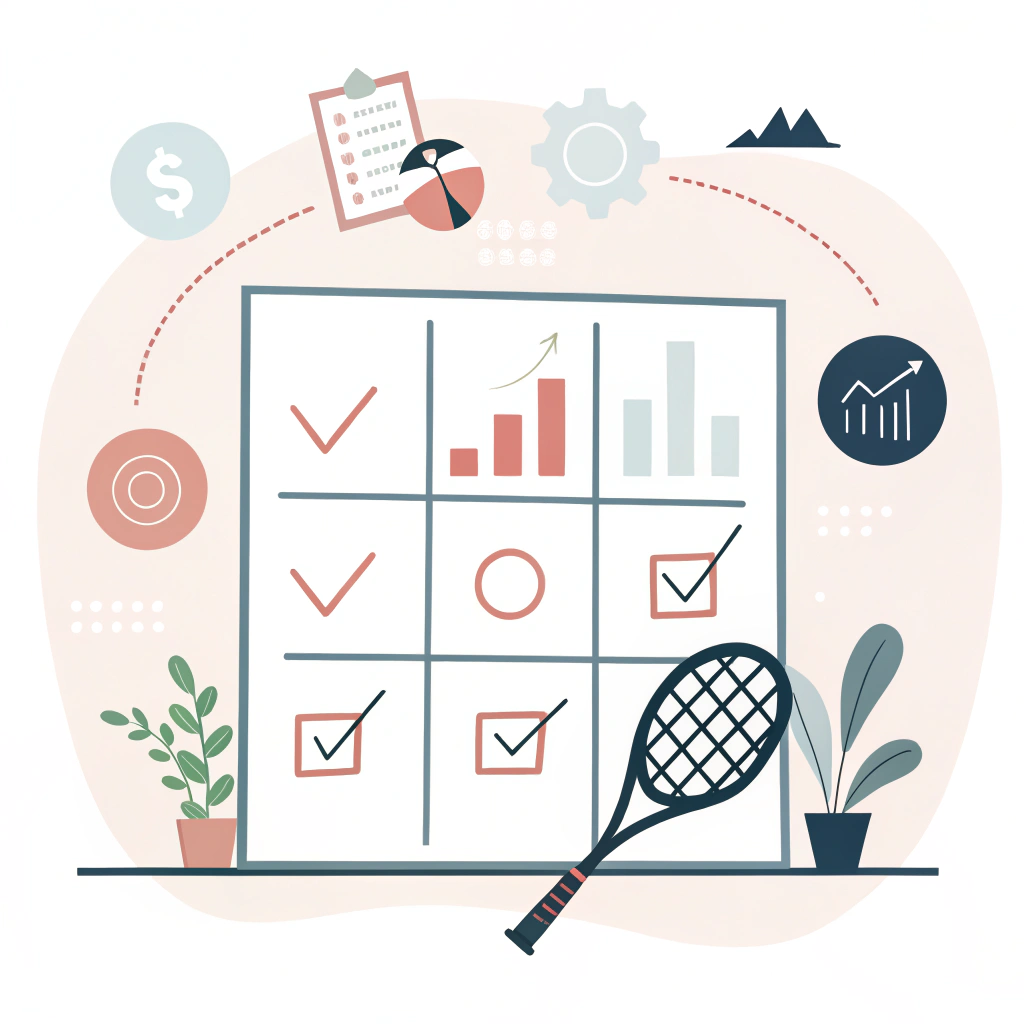 Minimalist illustration of a digital strategy board with charts and padel racket imagery.