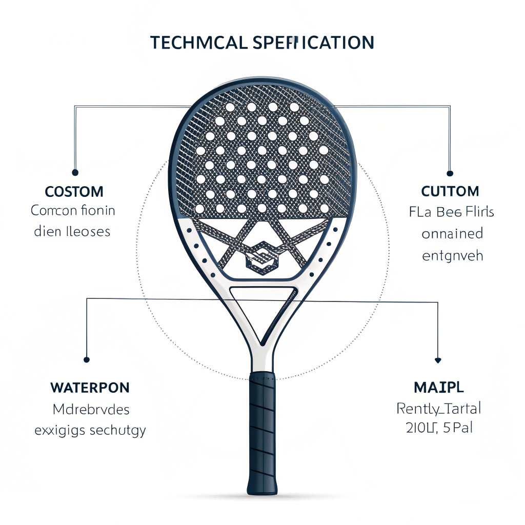 Minimalistic 2D illustration showcasing technical padel racket design with carbon fiber details.