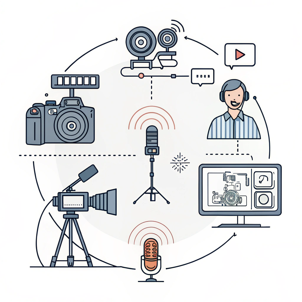 2D minimalistic illustration depicting a high-quality production setup for live streaming in sports equipment industry
