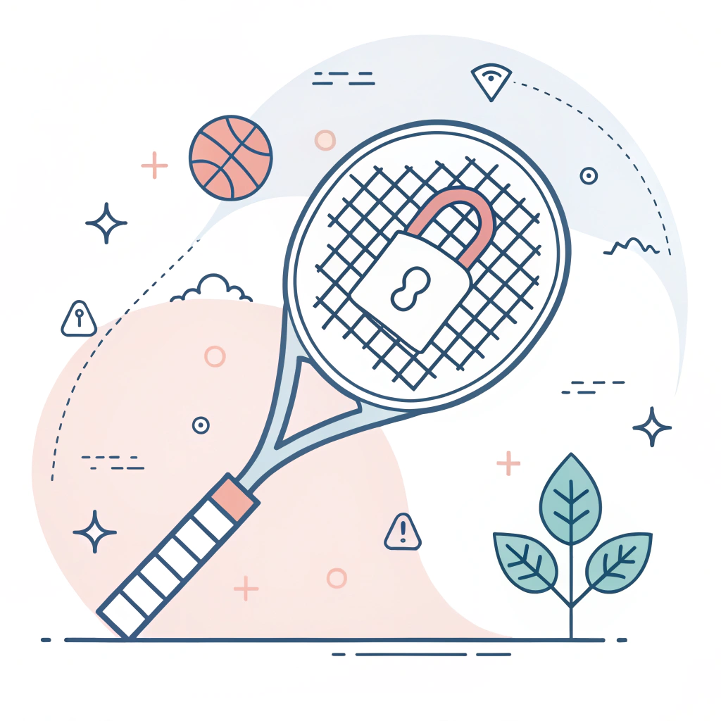 Minimal 2D illustration of a padel racket with a lock symbol representing confidentiality.