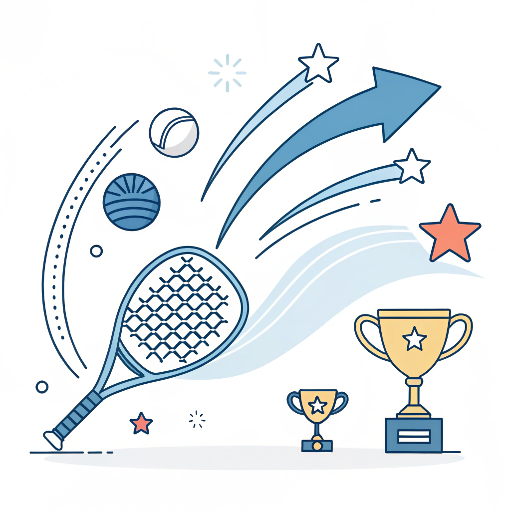 "Minimalist illustration of a dynamic padel racket with abstract performance symbols"