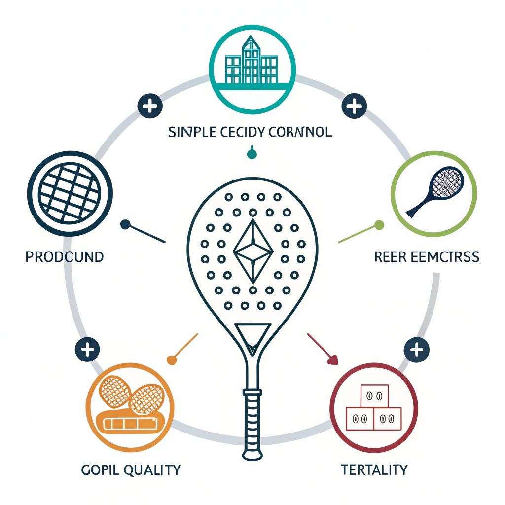 Minimal flat design showing diverse padel rackets with quality control symbols.