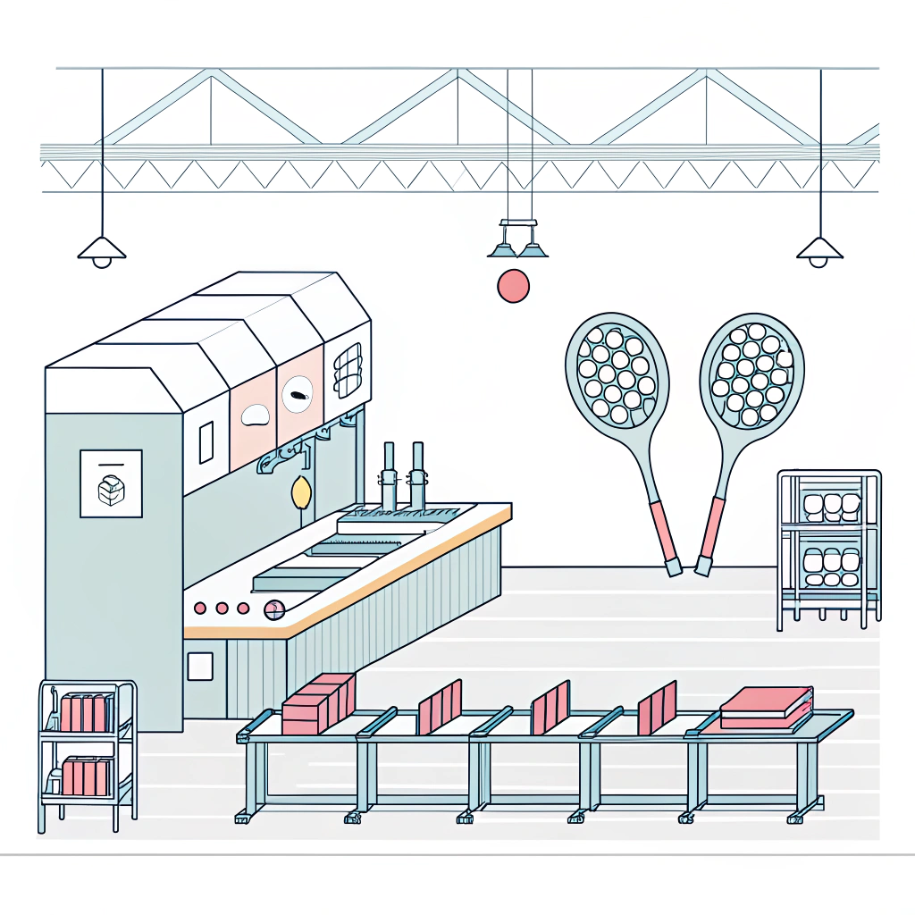 Minimalistic 2D illustration of a modern padel racket production facility in Jiaxing.