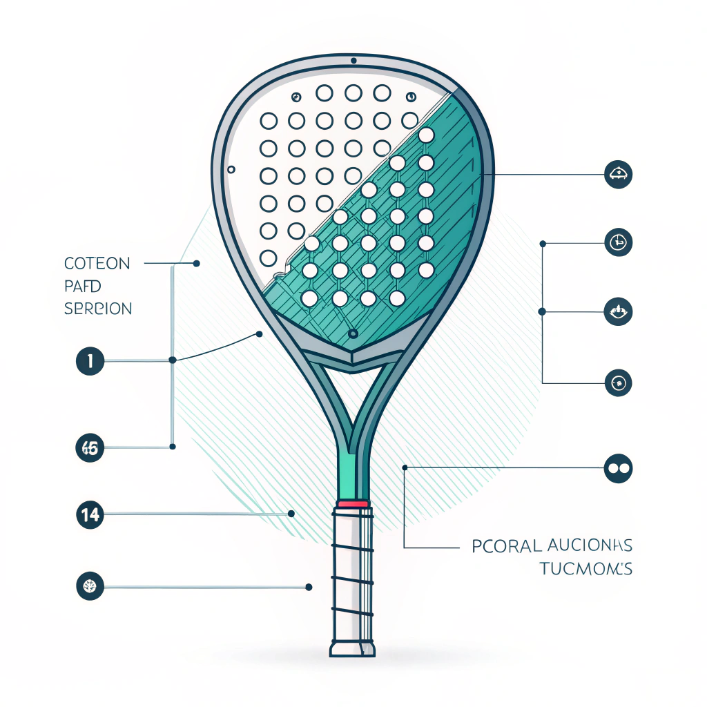 "Minimalist 2D illustration of a custom padel racket with technical detailing"