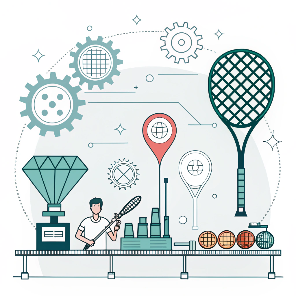 A clean 2D illustration of customized padel rackets and abstract factory elements symbolizing advanced manufacturing.