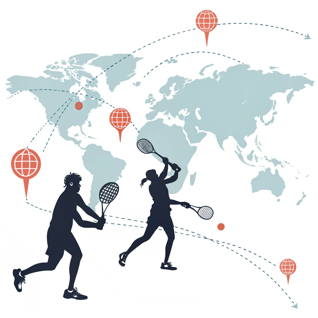 Minimalistic illustration showing global padel market trends with abstract map and player silhouettes