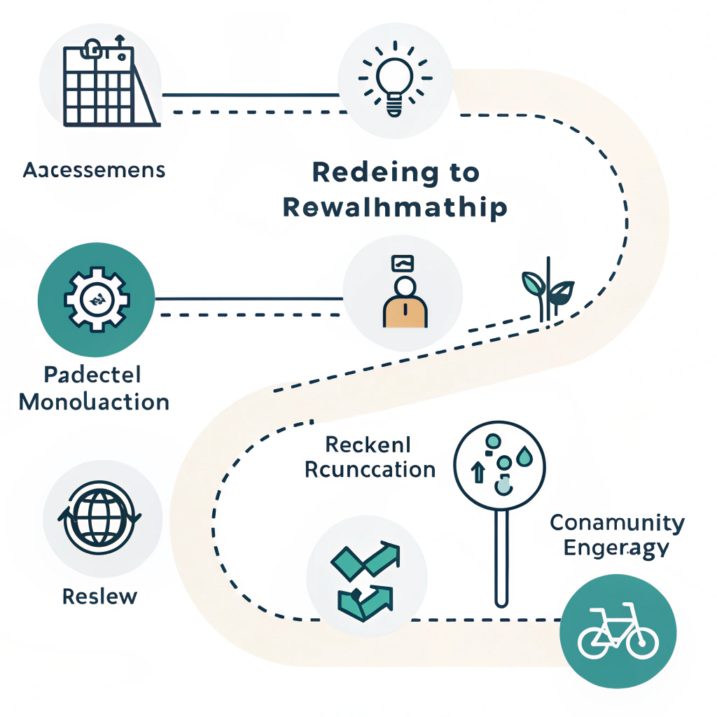 Minimal flat roadmap illustration depicting ESG implementation in padel manufacturing