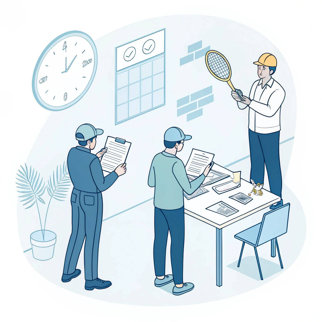 Minimal flat illustration of professionals auditing padel racket quality in a meeting.
