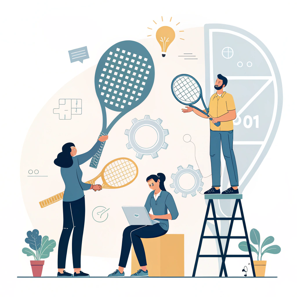 Simple 2D art of professionals collaborating on innovative padel racket production