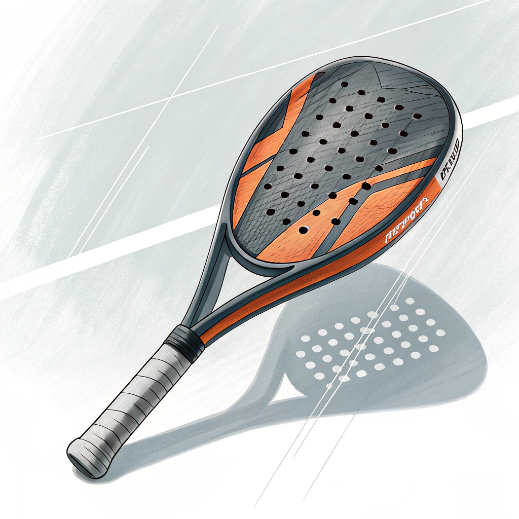 Minimalist illustrated padel racket showing detailed carbon fiber textures and modern technical design.